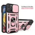 Funda protectora resistente para iPhone 14 Pro Max con cubierta de cámara y anillo en oro rosa. - Rosa oro