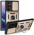 Armor rugged phone case with slide camera cover and metal ring kickstand for detail view. - Gold