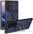 Rugged phone case detail view showcasing sliding camera lens cover and metal ring kickstand. - Blue