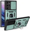 Rugged phone case with camera slider cover and ring kickstand for Samsung Galaxy, protective. - Dark Green / S23ULTRA
