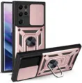 Rugged armor phone case with camera slide cover and ring kickstand for ultimate protection. - Rose Gold / S23ULTRA