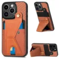 Geflochtenes Leder Kartenhalter Handyhuelle mit verstellbarem Standfuss fuer iPhone 15 - Braun / iP 15