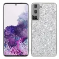 Detailed view of glitter rhinestone phone case showing sparkling back and front screen. - S20 Ultra (6.9 inch) / Silver