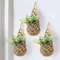 Detailed view of handmade crochet hanging net bag, bohemian wall storage basket and planter. - S / 10.16x21.8cm / Hemp Color