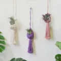 Portapiante macramè fatto a mano set di tre in corda di cotone intrecciata per interni. - Set Viola Rosa