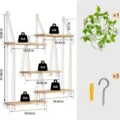 Wooden hanging wall shelves bohemian plant storage rack with rope and mounting accessories. - Without Lights / 5 Tiers