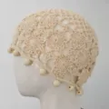 Retro handmade crochet beanie hat detail, women lightweight hollow knit slouchy cap with wood beads. - Wooden Beads Style