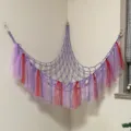 Handcrafted macrame toy hammock with colorful ribbons for kids room corner toy storage net. - Violet Ribbon Style 105x105x125cm