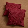 Wine Red Macrame Pillow Cover Bohemian Tassel Cotton Throw Cushion Cover for Sofa Decor - No Insert / Burgundy