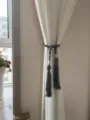 Handmade woven cotton curtain tieback with wooden beads boho style curtain rope holder grey - Gray