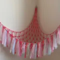 Handmade Macrame Toy Hammock Cotton Rope Corner Net with Colorful Tulle Ribbons for Kids Room - Pink Ribbon Style 105x105x125cm