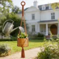 Suspension macramé tressée à la main avec pot céramique jaune pour décoration de jardin extérieur - Style C