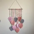 Boho handmade macrame leaf wall hanging decor with wooden stick and beads for bedroom - Pink 40x68cm