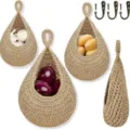 Handgefertigte Jute Hängekörbe Set für Obst und Gemüse mit Haken zur Wandaufbewahrung. - Dreiteiliges Set / Hanffarbe