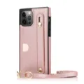 Detalle de funda de teléfono de cuero oro rosa, tarjetero, correa de mano y cordón ajustable. - iPhone 13 Pro Max / Rosa oro