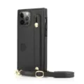 Funda de teléfono tipo cartera de cuero PU negro con tarjetero y correa para el cuello detalle - iPhone 13 Pro Max / Negro