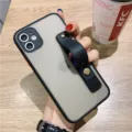 Matte skin-feeling phone case with hand strap for iPhone, full camera protection, black cover. - Black / IP12 mini