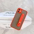 Silicone phone case detail view showing camera protection and orange kickstand strap design. - Red / IP12 mini