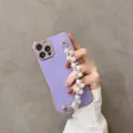 Purple electroplated phone case with elegant pearl chain strap detail for daily use and decoration - Back Cover / Double Row Pearls (Wrist Strap Accessory) / Electroplated Purple