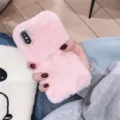 Pink fluffy plush phone case with rhinestone camera protection for iPhone 14 15 17 soft cover - iPhone XR / Sand Pink