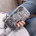 Plush phone case for iPhone, fluffy winter protective soft back cover with sparkling rhinestones. - iPhone XR / Gray