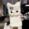 Cute plush cat phone case for iPhone, soft fluffy animal protective back cover winter style - iPhone 7/8 / White