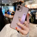 Electroplated purple phone case with heart pattern and wrist strap stand for Apple iPhone. - Compatible Model:iPhone 13 mini / Purple
