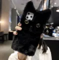 Closeup detail of the cute black furry cat phone case showcasing soft plush texture. - iPhone 7/8 / Black
