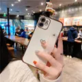 Elegant white phone case with gold electroplated edge and convenient wrist strap design detail. - Compatible Model:iPhone 13 mini / White