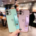 Electroplated heart phone case with strap and stand detail view showing dual color options. - Compatible Model:iPhone 13 mini / Green