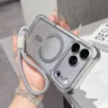 Coque de protection aimantée pailletée avec lanière et coins antichoc pour iPhone détail. - iPhone 17 Pro Max / Argent