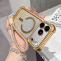 Vue détaillée de coque magnétique à paillettes pour iPhone avec lanière de poignet pratique. - 【gold - glitter cardstock】four-corner airbag anti-drop - matching color lanyard / iPhone 17 Pro Max