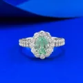 S925 Silver Oval Green Gemstone Halo Ring with Double-Row Bead Edge Design Elegant Jewelry - US Size 5 / Light Tourmaline Green