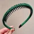 Braided non-slip hair hoop with teeth, dark green woven headband for daily wash and face styling. - Green