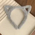 Grey plush cat ear headband, soft fluffy hair hoop for cute daily styling, detail view. - Cat Ear / Light Gray