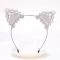 Chic grey lace cat ear headband for women, elegant hair hoop accessory displayed on white cup - Lace Trim Style - White