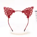 Red lace cat ears headband for women, fashionable hair hoop variant with delicate embroidery details. - Lace Trim Style - Wine Red