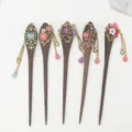 Handmade wooden hair stick with vintage metal floral rhinestone tassel design for elegant bun. - 2# Oval Mixed Color