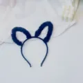 Black plush cat ear headband, soft furry hair hoop, Harajuku cute style daily hair accessory. - Navy Long Fur Ears (Leather Sheath Style)