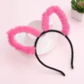 Cute plush cat ear headband with thin black band Harajuku style devil horn hair accessory. - Rose Red Long Fur Ears (Leather Sheath Style)