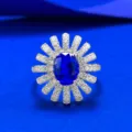 S925 silver cobalt blue gemstone ring, oval cut with sparkling pavé halo floral detail. - Size 5 / Cobalt Blue