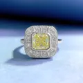 Macro detail of 1ct square yellow diamond ring in 925 silver with sparkling halo. - Size 5 / Yellow Zirconia