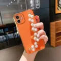 Glossy electroplated orange iPhone case with elegant pearl and rhinestone chain strap accessory. - iPhone XR / Orange With Pearl Chain