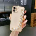 Coque de téléphone chaîne de perles cadre doré électrodéposé et housse de protection chic - iPhone14 / Rose Électroplaqué Avec Chaîne de Perles