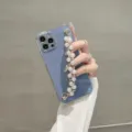 Electroplated phone case with pearl bracelet for iPhone, soft silicone protective cover. - iPhone13MINI / Back Cover / Double Row Pearls (Wrist Strap Accessory) / Electroplated Gray