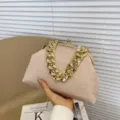 Minimalist gathered chain handbag for women, stylish clutch with thick gold strap and kiss lock. - Khaki