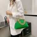 Stylish green ruched shoulder bag for women with chunky gold chain and retro clasp closure. - Green