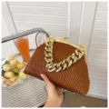Brown ruched clutch bag with chunky gold chain, stylish shoulder cross body purse. - Brown