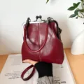 Bolso de mano retro de cuero PU con cierre de beso, elegante bolso cruzado para mujer. - Marrón Rojo