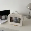 Gran capacidad ventana transparente bolsa cosmetica viaje almacenamiento maquillaje minimalista - Blanco Roto